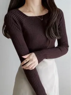 GRL スクエアネックリブニットトップス[rut072] ブラウン M グレイル