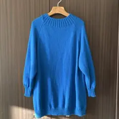 青 ラウンドネック ニット セーター
