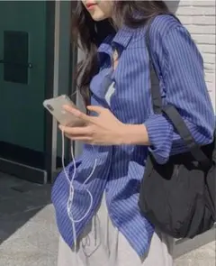 ★試着のみタグ付き新品★ HOTPING ストライプシースルー長袖シャツ　ブルーのサムネイル