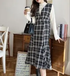 新品タグ【モーメントプラス】ツイードマーメイドワンピース コットン混 深Vネック