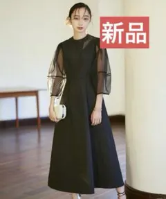 新品【オケージョン対応】シアーランタンスリーブふくれジャカードドレス