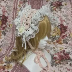 ハンドメイド　ピンクフリルヘッドドレス　バブーシュカ　ボンネット