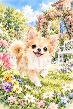 1941 チワワ ガーデン 水彩画風 デジタルアート 2L判 犬 イラスト