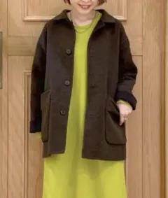 スタジオクリップ リバーシブル ウール ミドル コート ブラウン チェック L