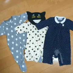 星柄ロンパース、猫襟ロンパース、白襟ウサギドットネイビーロンパース　50〜70