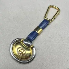 OLD GUCCI メタル ネイビー レザー チャーム キーホルダー