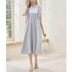 【新品】トッコクローゼットドットチュールフリルカットソーAラインワンピースグレー