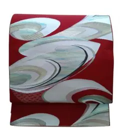 お*ん様 名古屋帯　開き仕立て　六通柄　抽象的な柄　赤系　銀糸　金糸　ラメ