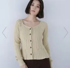 柄編みペプラムニットカーディガン　イエロー