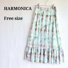 ハーモニカ　花柄 フレアスカート ロング丈 ライトブルー ウエストゴム　フリーのサムネイル