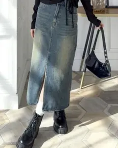 スリット入りデニムスカート [低身長用サイズ有 美シルエット ヴィンテージライク