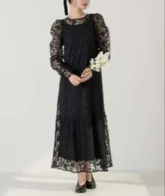 hinari フラワー刺繍チュールレースワンピース　ブラック