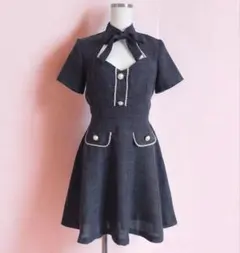 DazzystoreネックリボンパールボタンモチーフAラインミニドレスのサムネイル