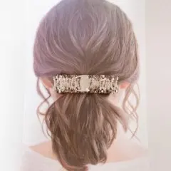 【バックル付ツイードリボンバレッタ】ヘアアクセ　ハンドメイド　結婚式　お呼ばれ