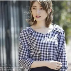 tocco closet 肩リボン×ギンガムチェック柄ハートネック七分袖トップス