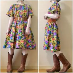 花柄 総柄 ミディ丈ワンピース 昭和レトロ vintage 一点物 オレンジ
