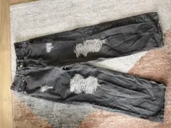 ダメージ加工 ダークグレー ワイドレッグジーンズ