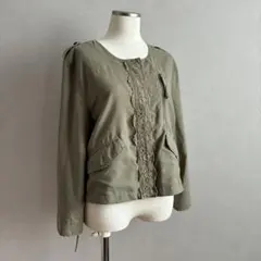 axes femme レースブルゾン カーキ ノーカラージャケット 春秋 羽織