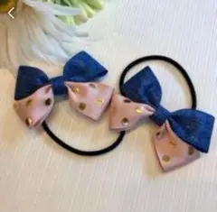 キッズリボン　ブルーデニムピンクゴールドドットちょうちょ