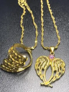 ハート型羽根モチーフネックレス　純金鍍金24kgp リング　刻印999