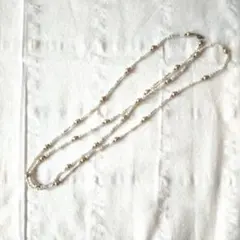 【ハンドメイド】ビーズロングネックレス　ホワイト　シルバー