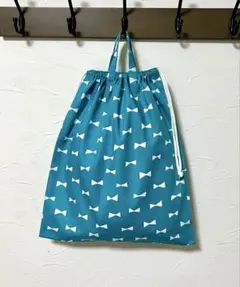 609・LL35×40㎝ハンドメイドお着替え袋・体操着袋★リボン・ターコイズ
