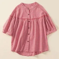 新品 レッド ギンガムチェック 五分袖シャツ ゆったり チュニック ブラウス