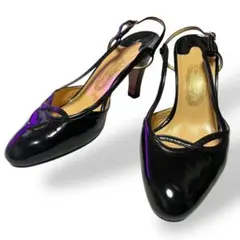 美品 銀座ヨシノヤ スリングバックパンプス 23 黒 レザー バックストラップ