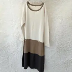 美品 ワンピース LL 大きいサイズ 配色デザイン 膝丈 七分袖