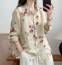 Y55 チュニック レディース 長袖 総柄 トップス 大きいサイズ 襟付きシャツ