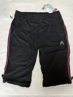 レディース スポーツ用 クロップドパンツ ブラック×ピンクライン　Lサイズのサムネイル
