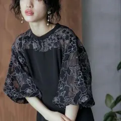 kana 花柄 ボリューム袖 マーメイドワンピース M 黒 オケージョン 結婚式のサムネイル