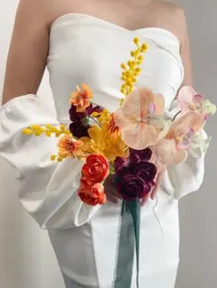 お洒落カラー　オレンジボルドー　アーティフィシャルフラワー　前撮り　ブーケ　造花