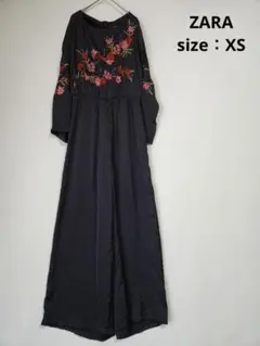 ZARA サロペット　ジャンプスーツ　刺繍　サテン　ブラック　ベルトリボン