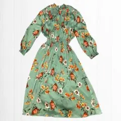 ZARA BASIC 花柄 ロングワンピース M グリーン 長袖