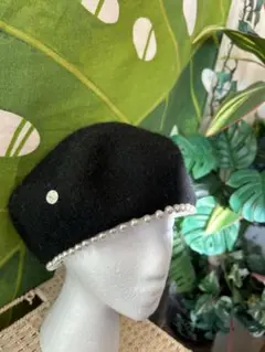 ブラックニットベレー帽 パール付き