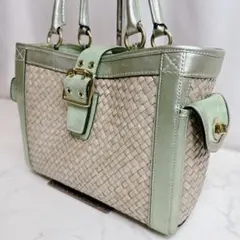 COACH カゴバッグ トート グリーン レザー 編み込み レディース ストロー