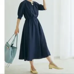 VIS ビスフロントタック5分袖ワンピース ネイビー　　Mサイズ