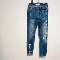 ダメージ加工スキニーデニム ハイウエスト ダークブルー