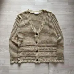 レース編みニットカーディガン S ベージュ系 ボーダー 日本製