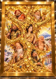 黄金の大樹に宿る七福神が幸福・金運・繁栄を招く奇跡の輝き　額縁付きグラフィック
