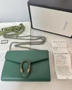 【極美品】GUCCIディオニュソス チェーンウォレット レザーグリーンミニバッグ