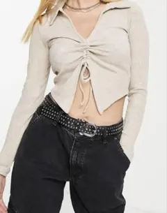 リブ編み ベージュ 長袖 クロップド トップス