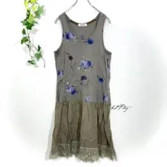 スーパーハッカ ノースリーブワンピース(M相当)花柄バラ レース フレア