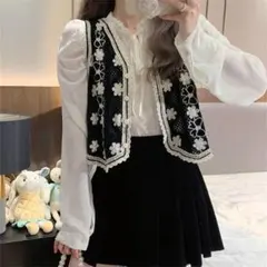 ☆かぎ針編み☆クロシェ編み☆ベスト☆ジレ☆花柄☆ブラック　黒