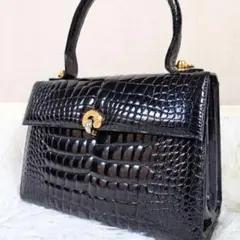 クロコ型押し ハンドバッグ ブラック フォーマル 冠婚葬祭 自立型 ゴールド金具