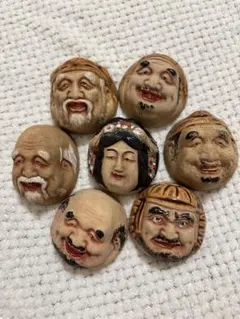 時代物 ヴィンテージ 七福神面根付 天然素材 在銘有 2点セット約3.5cm 時代物 ヴィンテージ 七福神面根付 天然素材 在銘有 2点セット約3.5cm