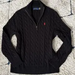 【美品✨】ポロラルフローレン　ケーブルニット　ハーフジップ　黒　大人気　刺繍　M