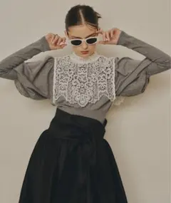 VIOLETTA レースカラークロップドニットトップス　グレー