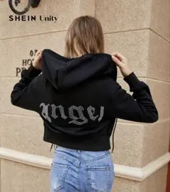 SHEIN ラインストーン ロゴ パーカー ブラック XL 多少汚れあり